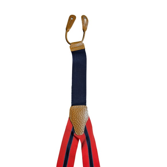 Brooks Brothers Mens Stripe Suspenders Red Blue Leather Accent Adjustable Dapper - Picture 4 of 4
